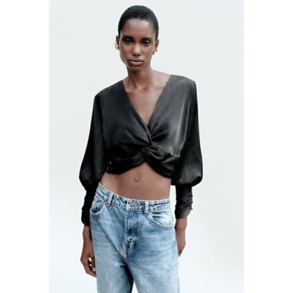 Zara Womens Top S Black Surplice Tie Knot Blouse Ruched Sleeve 3666/164 NWD